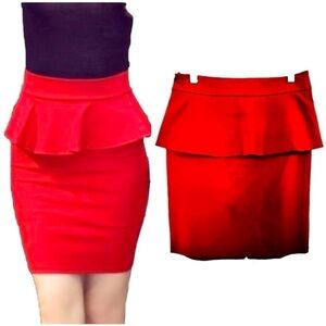 Cynthia Rowley Red Peplum Pencil Skirt Stretch Knee Length Zipper Back Size 4